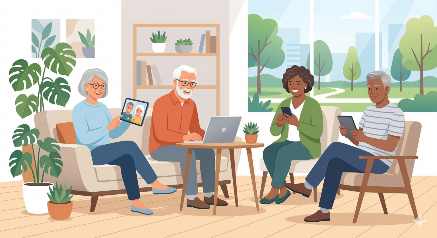 illustration of seniors enjoying technology, computers, ipad